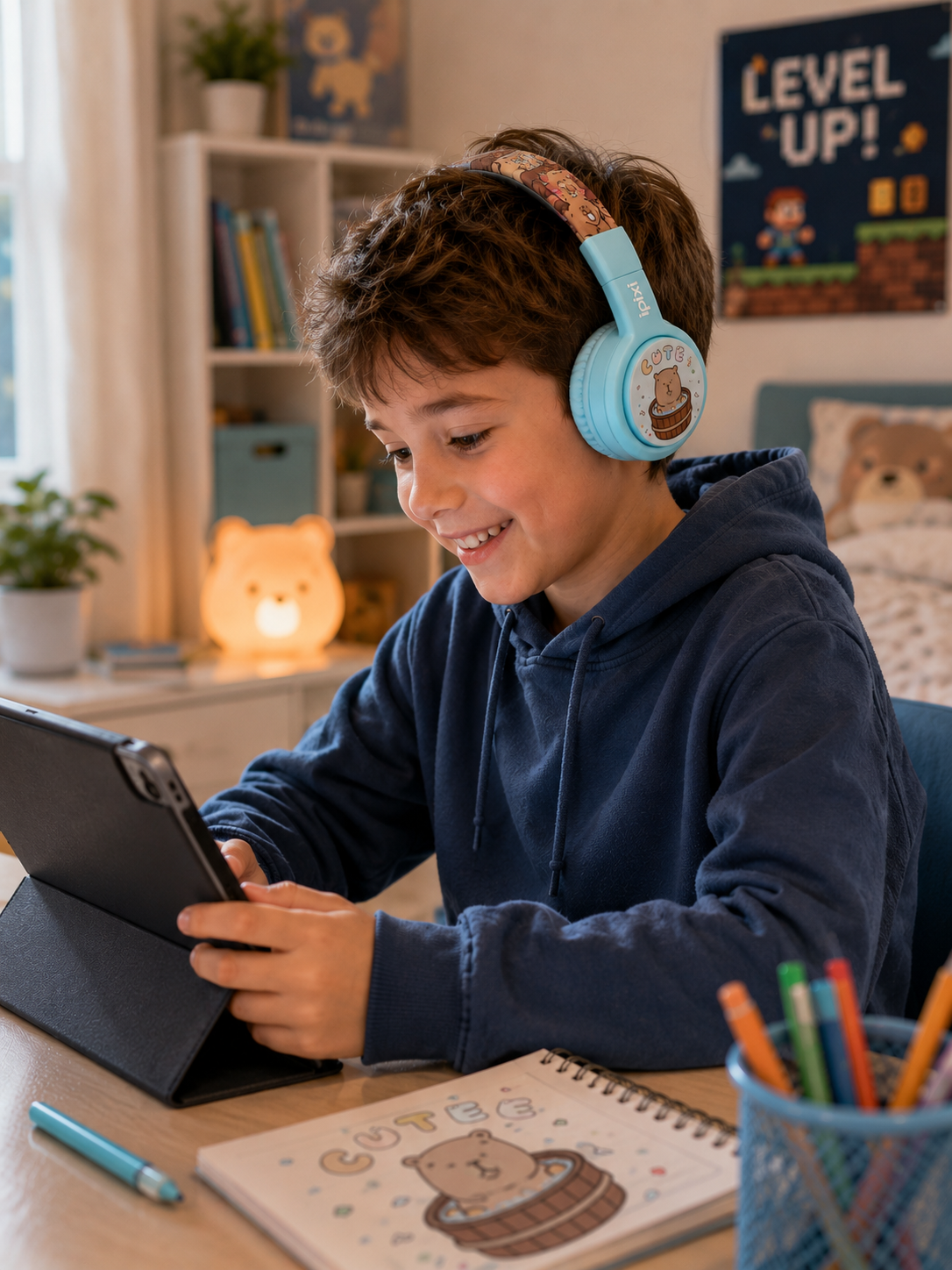 iPixi - Cute Friends Kids Bluetooth Blue Headphones